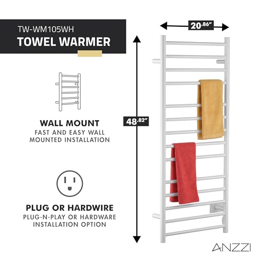 ANZZI Elgon 14 Bar Stainless Steel Wall Mounted Towel Warmer Rack in White | 14 Heated Bars Warm Up In Just 20 Minutes Additional Time, Maintains A Temperature Of 104 F 122 F For Quick Warming - color: White