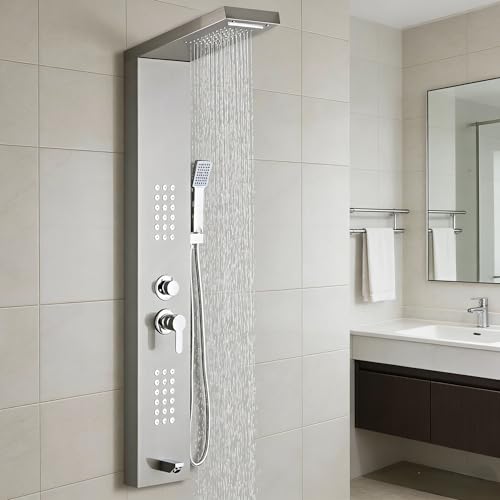 5-in-1 Shower Panel Tower System - Brushed Gray | 304 stainless steel Shower Panel Tower Column with Powerful Body Jets, Rainfall, Waterfall,Handheld and Tub Spout - color: Brushed Gray, style: LSH-8001