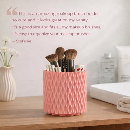 Pink Makeup Brush Holder, 360° Rotating Makeup Organizer | Cute 5-slot spinning vanity caddy for makeup brushes, lipstick & hair accessories — bathroom, dorm & office desk - style: Pink