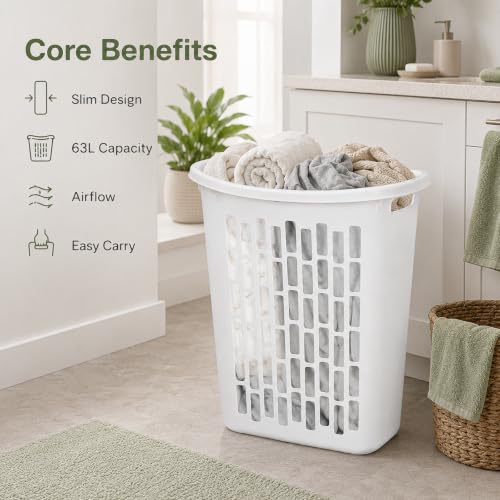 Large Plastic Laundry Hamper, White, Slim Rectangular(2-Pack) | Reinforced Handles, Space-Saving Design, 20x13x24 Inches, Durable Construction, For Bathroom & Dorm, Ventilated,