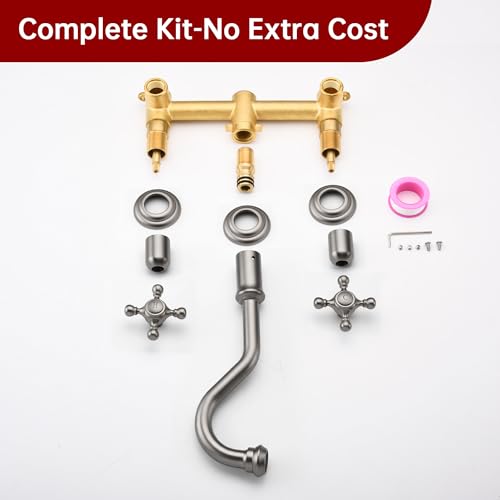SUMERAIN Traditional Brushed Nickel Wall Mounted Bathroom Sink Faucet | 3 Holes, 2 Cross Handles, Rough-in Valve Included - color: Brushed Nickel