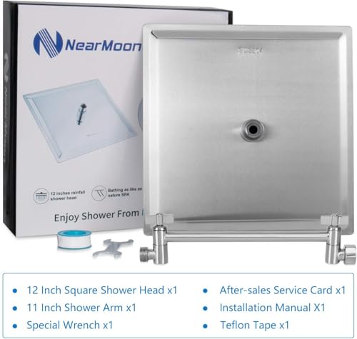 NearMoon Rain Shower Head with 11’’ Adjustable Extension Arm, Large Stainless Steel High Flow Rainfall Square Head, Bath Shower Waterfall Full Body Coverage (12 Inch, Brushed Nickel) - color: Brushed Nickel, size: 12 Inch