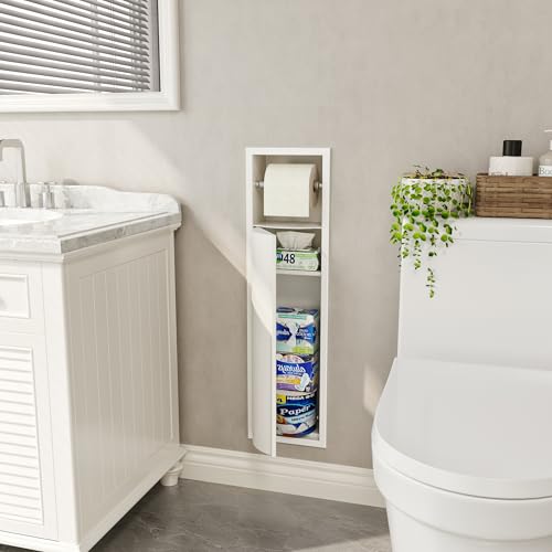 Qeke Recessed Toilet Paper Holder with Curved Door, Matte White, 4" Depth | 304 Stainless Steel, in Wall Tissue Paper Holder for Bathroom, Perfect Depth Fits Standard American Drywall
