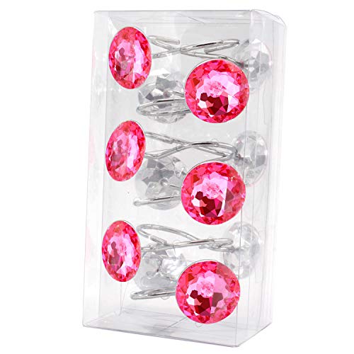 BEAVO Acrylic Fashion Decorative Home Rolling Shower Curtain Hooks Rhinestones Bathroom Bath Baby Room Bedroom Living Room Decor Set of 12 Rings (Pink) | Diamond Crystal Decorative Shower Curtain Ring, Stainless Steel Rustproof Shower Hook Ring, Fit Stand