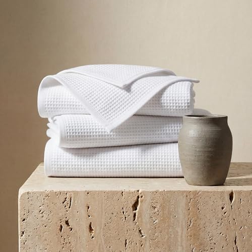 Vie Triomphe Waffle Weave Cotton Bath Towel 70x140cm, Textured Grid Pattern White, Lightweight Absorbent Quick Dry