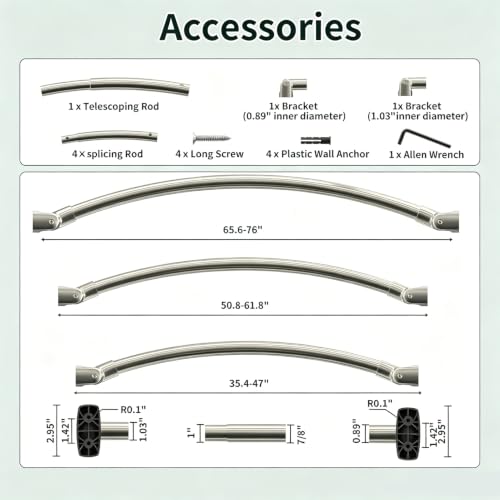 Brushed Nickel Curved Shower Curtain Rod for Bathroom 33-78 In Adjustable Rounded Shower Rod, RustProof Stainless Steel Non-Slip Bowed Shower Rods for Bathtub, Stall Extra Shower Space Need Drilling - color: Brush Nickel