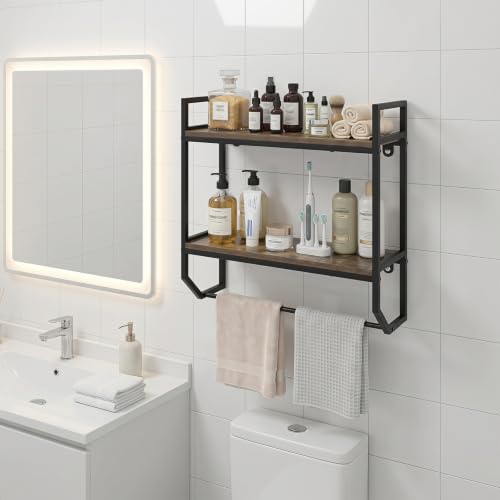 Giantex Bathroom Shelf with Towel Bar, Industrial Wood Wall Mounted Shelves | 2-Tier Over the Toilet Storage Organizer, Metal Floating Shelf with Towel Holder for Bathroom, Kitchen, Living Room, Gray Oak - color: Gray Oak