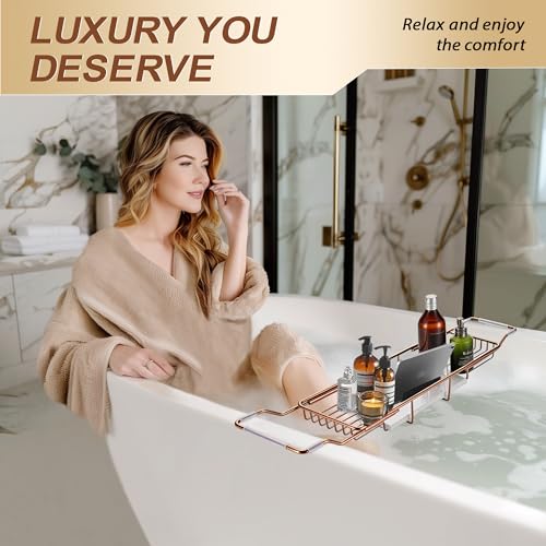 Bathtub Tray Stainless Steel with Marble Base Rose Gold Bathtub Tray with White Marble Base Adjustable & Rustproof Bath Caddy for Spa, Relaxation, Bath Bombs - color: Rose Gold