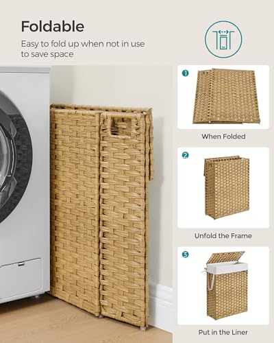 SONGMICS Slim Laundry Hamper with Lid, 14.5 Gallon (55L) Rattan Clothes Laundry Basket with Lid and Handles, Foldable, Removable Liner, Goose Yellow ULCB164N01 - color: Goose Yellow, size: 55 L