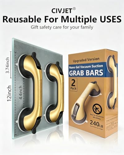 Gold Grab Bars for Bathtubs and Showers 2 Pack Suction Grab Bar, Heavy Duty Shower Handle Removable Bath Handrails for Seniors and Elderly, Bathroom Safety Grip No Drilling Waterproof