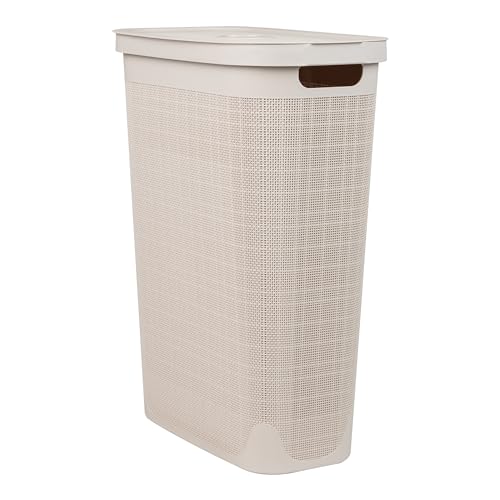 Mind Reader Slim Laundry Hamper with Lid, 40L Clothes Basket, Linen Design, Plastic, Ivory - color: Ivory