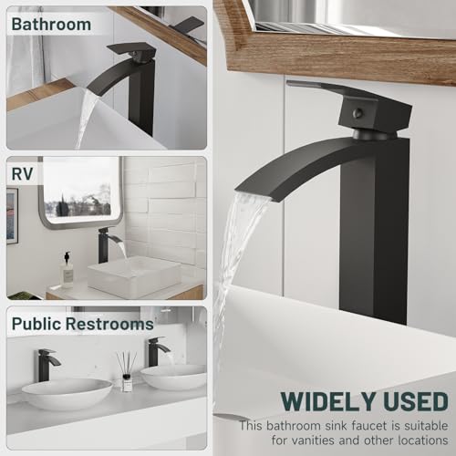 Matte Black Vessel Sink Faucet, Waterfall Bathroom Faucets | Brass, Tall Spout, Single Handle 1 Hole Bathroom Faucet, Modern Basin Taps with Supply Line, Pop Up Drain, Without Overflow - color: Matte Black, size: Tall