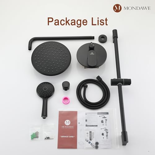 MONDAWE 9 Inch Wall Mounted Shower Faucet Set in Matte Black, Rainfall Shower Head with 3-Setting Handheld Spray Shower Set Combo, High Pressure Shower System with Solid Brass Valve - color: Matte Black, style: 9 IN - Without Tub Spout
