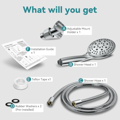 JDO High Pressure Handheld Shower Head, 6 Spray Settings, 4.3" High Flow Hand Shower Set with 59" Stainless Steel Hose and Adjustable Bracket for Bathroom Gym Hotel - color: Chrome Polished