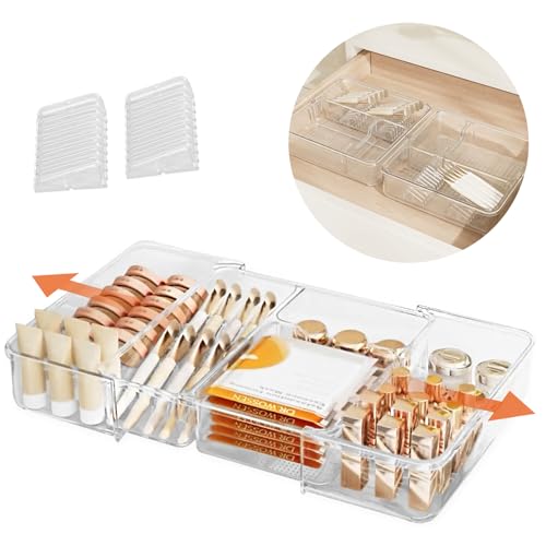 Expandable Drawer Organizer, Adjustable Shallow Tray, 11" to 19" Width | 1.97" Height, Clear Plastic Storage, For Bedroom/Living Room/Kitchen/Bathroom/Office, Cosmetic/Tools/Cutlery/Stationery
