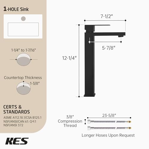 KES Bathroom Faucet Black Vessel Sink Faucet cUPC Certified, Single Hole Tall Bathroom Faucet Stainless Steel, L3156BLFF12-BK - color: Black, style: NO Drain - TALL Faucet for Vessel Sink