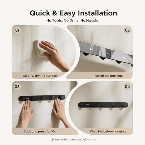JOMOO 2 Pack Adhesive Wall Hooks for Bathroom, Aluminum Towel Hooks with 5 Hooks Each, No Drill Shower Hooks Heavy Duty 11LBS, Matte Black Robe Hook Rack