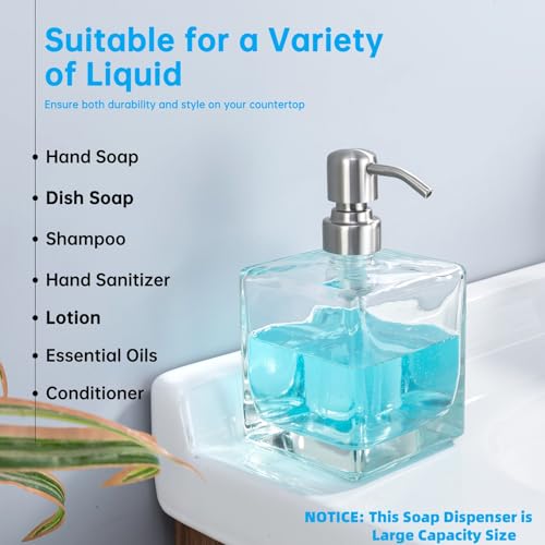 Square Bathroom Soap Dispenser Brushed Nickel, Large Capacity 16.9 oz Glass Bottles with Stainless Steel Pump Retangle Cube Liquid Soap Dispenser Kitchen - color: Brushed Nickel-16.9 Oz