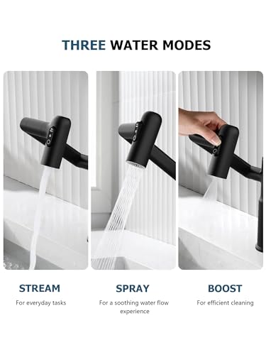 Rotatable Bathroom Faucet with Temperature Display in Fahrenheit (Batteries-Free), 3 Water Outlet Modes, Matte Black, BF2204-3 - color: Matt Black