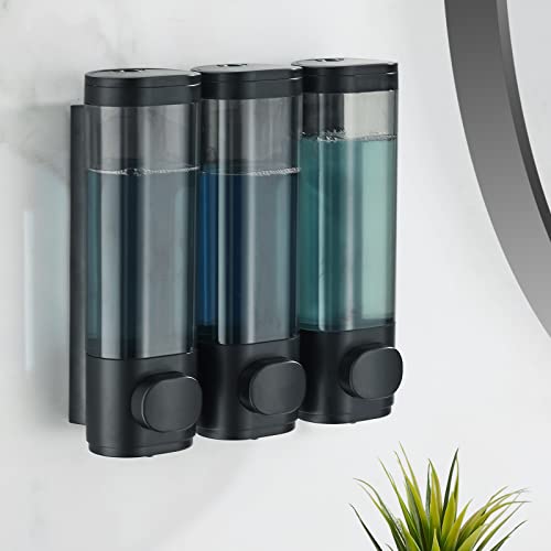 Pollock Shampoo and Conditioner Dispenser Wall Mounted | Shower Soap Dispenser 2 Chamber No Drill, Shampoo Dispenser for Shower, Body Wash Dispenser for Bathroom, Large Capacity - color: Black 3 Chamber
