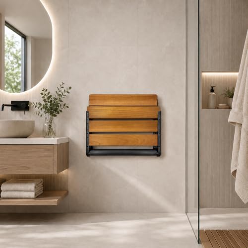 Folding Shower Seat Teak, Bath Safety Furniture Stainless Steel, Shower Seats for Elderly, Fold Down Shower Seat (Black) - color: Teak and Black Stainless Steel