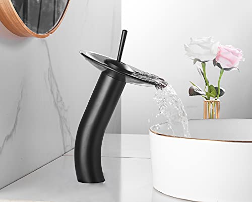 Waterfall Black Bathroom Vessel Faucet Glass Spout 360° Swivel Single Handle One Hole Solid Brass Bowl Faucet Bath Lavatory Vessel Sink Vanity Tall Body for Above Counter Sink | Bowl Sink Faucet Bath Lavatory Vessel Sink Vanity Tall Body for Above Counter