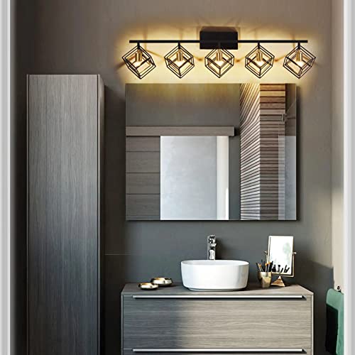 Bathroom Vanity Light with 5 Bulbs Bathroom Light Fixtures Over Mirror with Rotatable 5 Cube Shades Modern Wall Mounted Matte Black - color: Matte Black With Pineapple Gold, size: 5-Lights ( 47.2" Width )