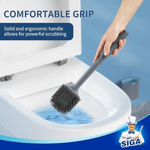 MR.SIGA Toilet Brush and Holder Wall Mounted, Gray, 1 Pack | Compact space saving toilet cleaner brush, scratch free thermoplastic rubber head, easy to clean and dry quickly - color: Gray