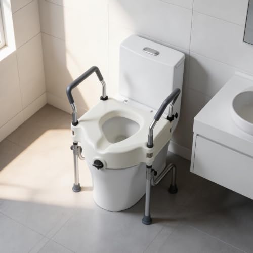 4.5" Raised Toilet Seat with Arms and Legs, 26.7" Wide, Adjustable Height, 4-Leg Raised Toilet Seat with Handles for Elderly, Elevated Toilet Seats for Seniors for Standard or Elongated Commode