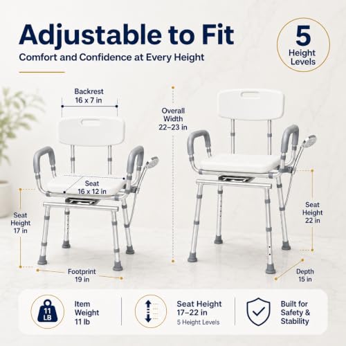 Swivel Shower Chair for Elderly and Disabled, Adjustable Height | 450 lb Shower Chair for inside Shower tub; Heavy Duty Shower Chair with Arms and back
