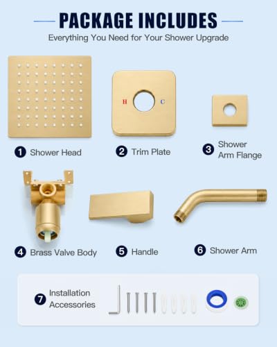 Heyalan 6 Inch Square Rain Shower Faucet Set with Valve, Brushed Gold | Female-thread 1/2-inch NPT connections, SUS304 shower head, brass rough-in valve, single-handle control Shower Set - color: Gold, size: 6 Inch Square Shower Head