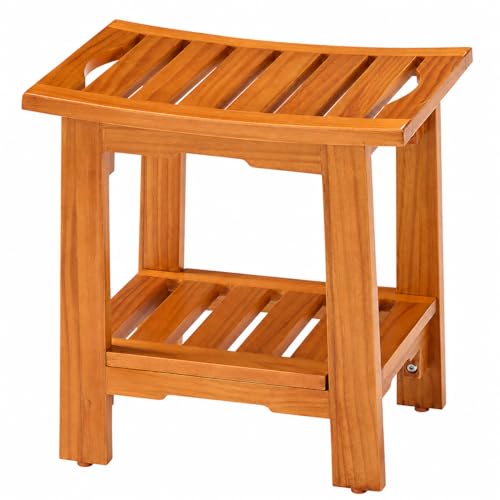 Simple Deluxe Teak Shower Bench, 14" Wood Shower Bench with Shelf, Waterproof Shower Stool for Inside Shower, Bath Chair for Bathroom, Tubs & Outdoor Use, 250LBS - size: 14"