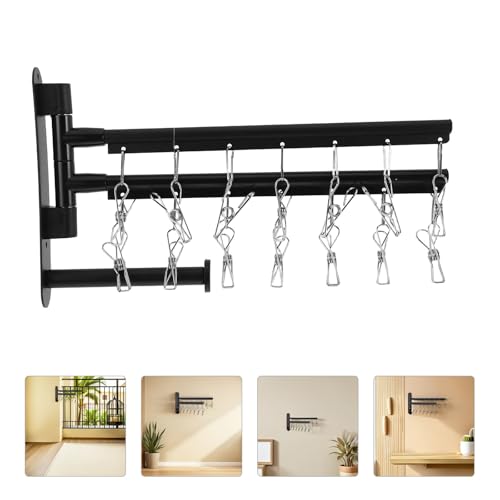 Black Stainless Steel Balcony Clothes Drying Rack Wall Mount with 2-Tier Multi Bar, 360° Rotating Arms, Windproof Clips, and No-Drill Installation for Bathroom and Studio Settings,