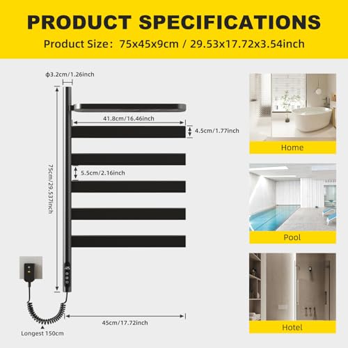 Swivel Towel Rack with Storage Rack, Rotating Heated Towel Rack Wall Mounted Drying Rack,Stainless Steel Towel Warmer 5 Bars with Built-in Timer, 1h-9h,150w,Plug-in or Hardwired,Black - color: Black