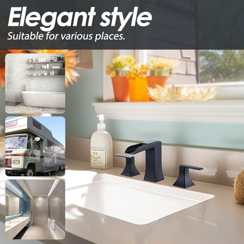 Black Waterfall Bathroom Faucet, Sanliv 3-Piece Widespread Bathroom Faucet for 3-Hole Sinks 4-8 inch, Modern 2-Handle Vanity Faucet with Pop-Up Drain, Matte Black - color: Matte Black