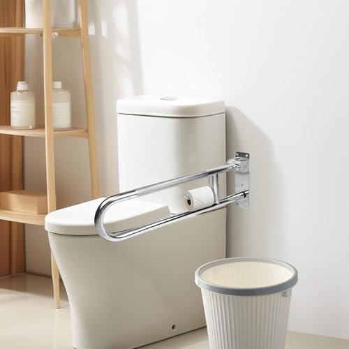 Handicap Grab Bar, 29.5 Inch Stainless Steel Toilet Safety Rails, Disabled Flip-Up Bathroom Grab Bars with Paper Holder, Anti-Slip Toilet Handrails Hand Grips Handicap Grab Bars for Elderly