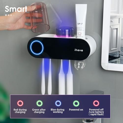 iHave UV Toothbrush Sanitizer Holder Wall Mount Toothpaste Dispenser, 2-Cup | Auto-Cycle Disinfection Toothbrush Holders for Bathrooms with UV Toothbrush Sanitizer & Toothpaste Dispenser, Breathing Light - color: Uv Black 2 Cups
