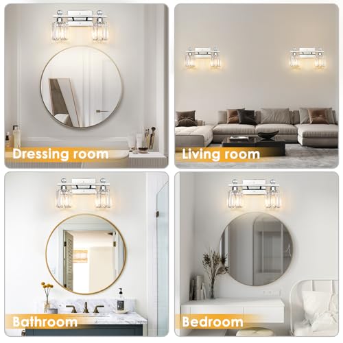 2-Light Silvery Bathroom Vanity Light Fixtures, Brushed Silvery | Modern, Clear Crystal Glass Shade, Bath Wall Mount, For Bedroom Living Room - color: silvery, size: Linear-2-Light