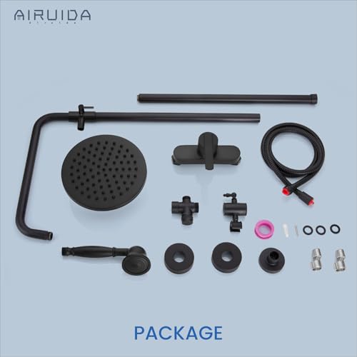 Airuida Matte Black Exposed Shower System with Handheld Spray | Single Handle,Wall Mount,8 Inch Rainfall Shower Head,Dual Function,Exposed Pipe Fixture for Bathroom - color: Matte Black