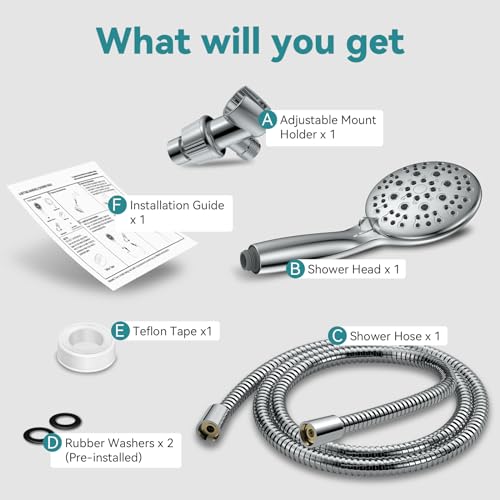High Pressure Shower Head with Handheld, JDO 6 Spray Settings Handheld Showerhead, 4.3" High Flow Rain Showerhead Set with 59" Stainless Steel Hose and Adjustable Bracket for Bathroom, Gym, Hotel | 4.3-inch high flow head, 59-inch stainless steel hose, ad