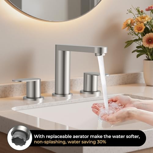 QFN Bathroom Faucet 3 Hole 8" Widespread Vanity Sink Faucet Brushed Nickel | 304 Stainless Steel Bathroom Sink Faucet with Pop-up Drain, 6-12 Inch 3 Hole Install, for RV Laundry Farmhouse Restroom Sink - color: Brushed Nickel, style: Round