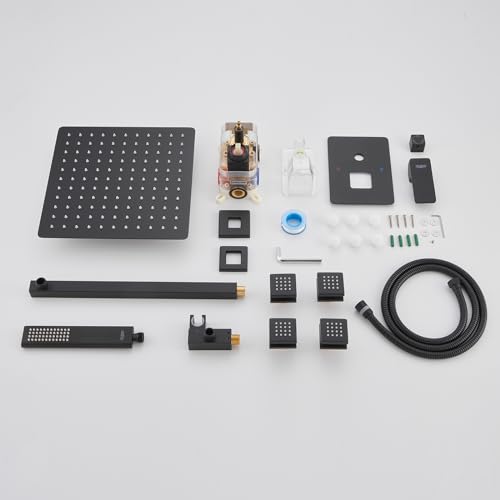 Iriber Mattle Black Square Rain Shower System with 4 PCS Body Jets 3 Function Shower Faucet Set Contain 12 Inch Shower Head and Handheld Wall Mounted Pressure Balance Shower Trim Kit (Valve Included) - color: Matte Black 03