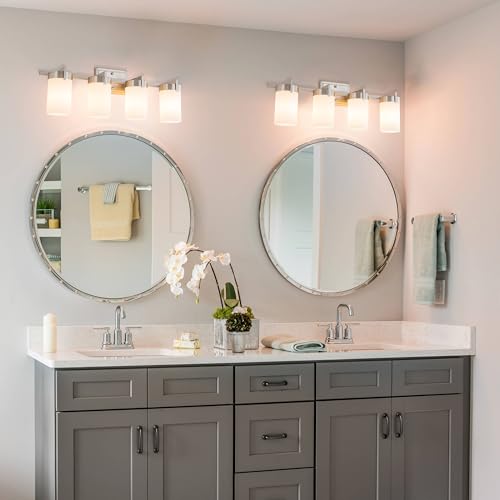 4-Light Bathroom Vanity Light, Brushed Nickel Vanity Light with Frosted Glass Shades, E26 Base Bathroom Light Fixture, Dimmable, Up or Down Wall Mount Lighting for Bathroom Mirror - color: Brushed Nickel