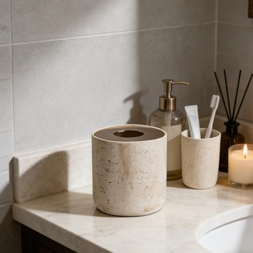Natural Travertine Textures Mini Trash Can with Rose Gold Stainless Steel Lid, Mini Countertop Trash Can for Bathroom Kitchen, Desk or Table top Mini Garbage Can, Resin Tiny Waste Basket for Vanity - color: Beige Travertine