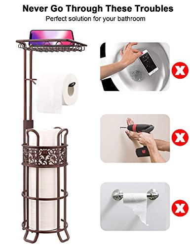 Upgraded Toilet Paper Holder Stand for Bathroom, Holds 3 Big Rolls of Jumbo Mega Paper, Top Shelf for Wipes Tissue, Sturdy Freestanding Paper Roll Dispenser, Floral Pattern, Bronze Red - color: Bronze Red