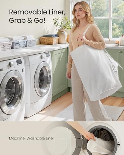SONGMICS Laundry Hamper with Lid, 17.2 Gallon (65L) Synthetic Rattan Clothes Laundry Basket with Lid and Handles, Foldable, Removable Liner, Summer Sand ULCB165LZ01 - color: Summer Sand, size: 65 L