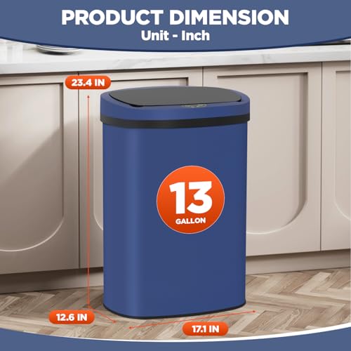 PayLessHere | 13 Gallon Stainless Steel Trash Can | Deep Blue | Automatic Touchless Lid with Motion Sensor | Kitchen Garbage Can with Waterproof Design | for Home, Office, Bathroom | Pack of 1 - color: Deep Blue Stainless Steel