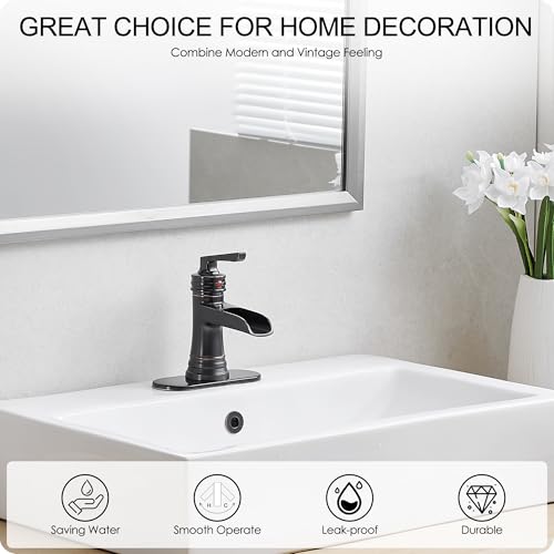 Brass Oil Rubbed Bronze Bathroom Faucet Waterfall Bathroom Sink Faucet 1 Hole or 4 Inch 3 Hole, Single Handle with Deck Plate, Pop-up Drain, cUPC Supply Lines for Vanity, 5 Mins Quick Install - color: Oil Rubbed Bronze