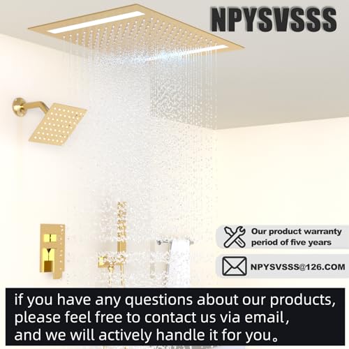Rain Shower Head System with 14x20 Inch Ceiling Mount LED Head & 6 Inch Wall Head and Handheld Shower 3 Way Pressure Balance Valve Kit,Brushed Gold - color: Brushed Gold, style: 14x20 inch+6inch