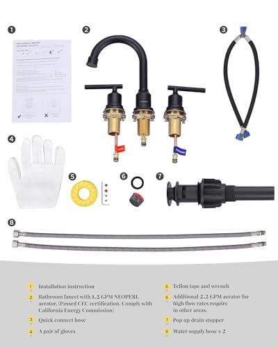 WOWOW 2 Handle Bathroom Faucet Oil Rubbed Bronze Bathroom Sink Faucet Widespread Vanity Faucet 3 Hole with Pop Up Drain and Supply Hoses High Arc Basin Faucet - color: Oil Rubbed Bronze, size: Widespread